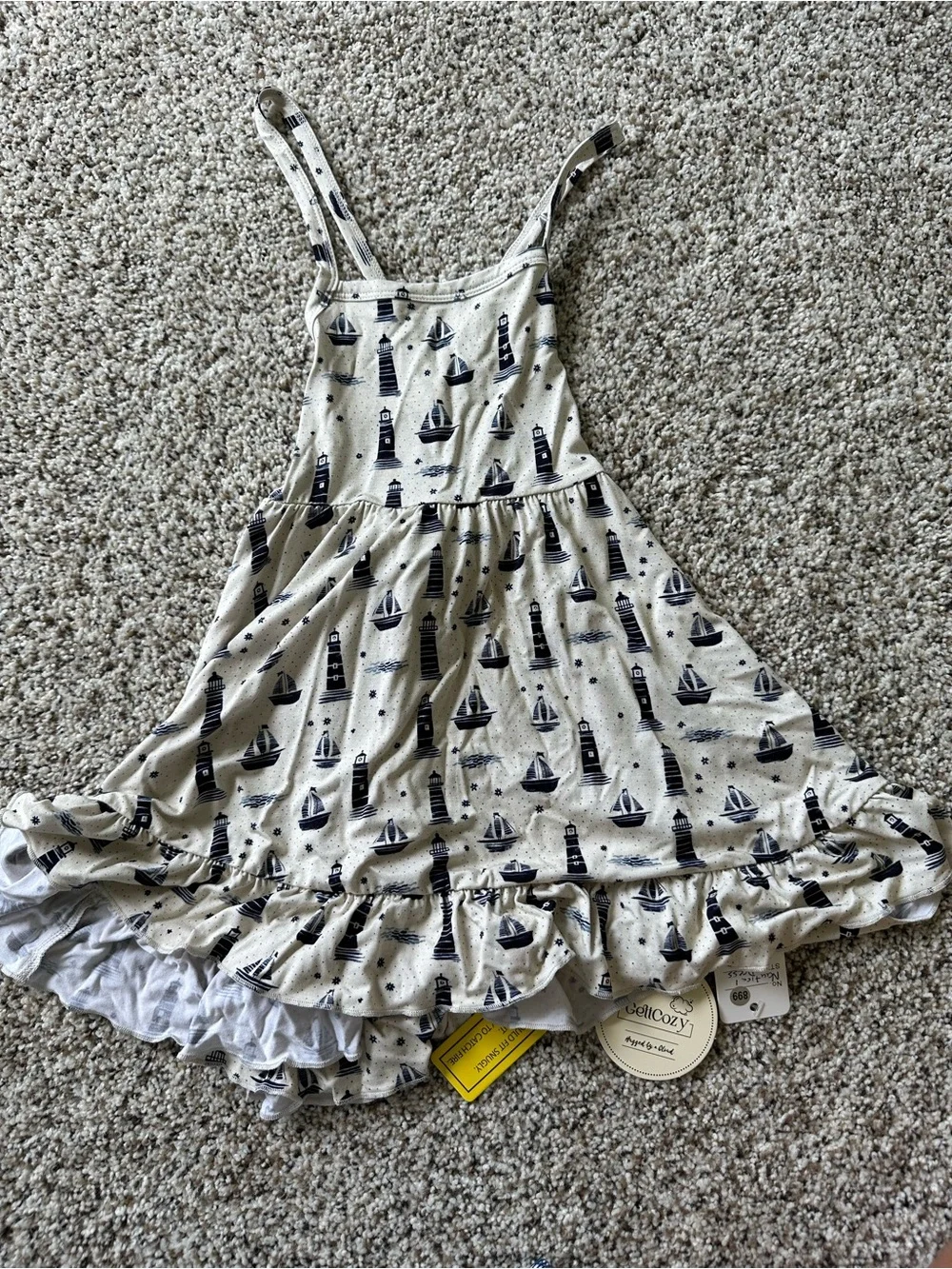 Girls Cream Nautical Sailboat & Lighthouse Ruffle Bamboo Sundress